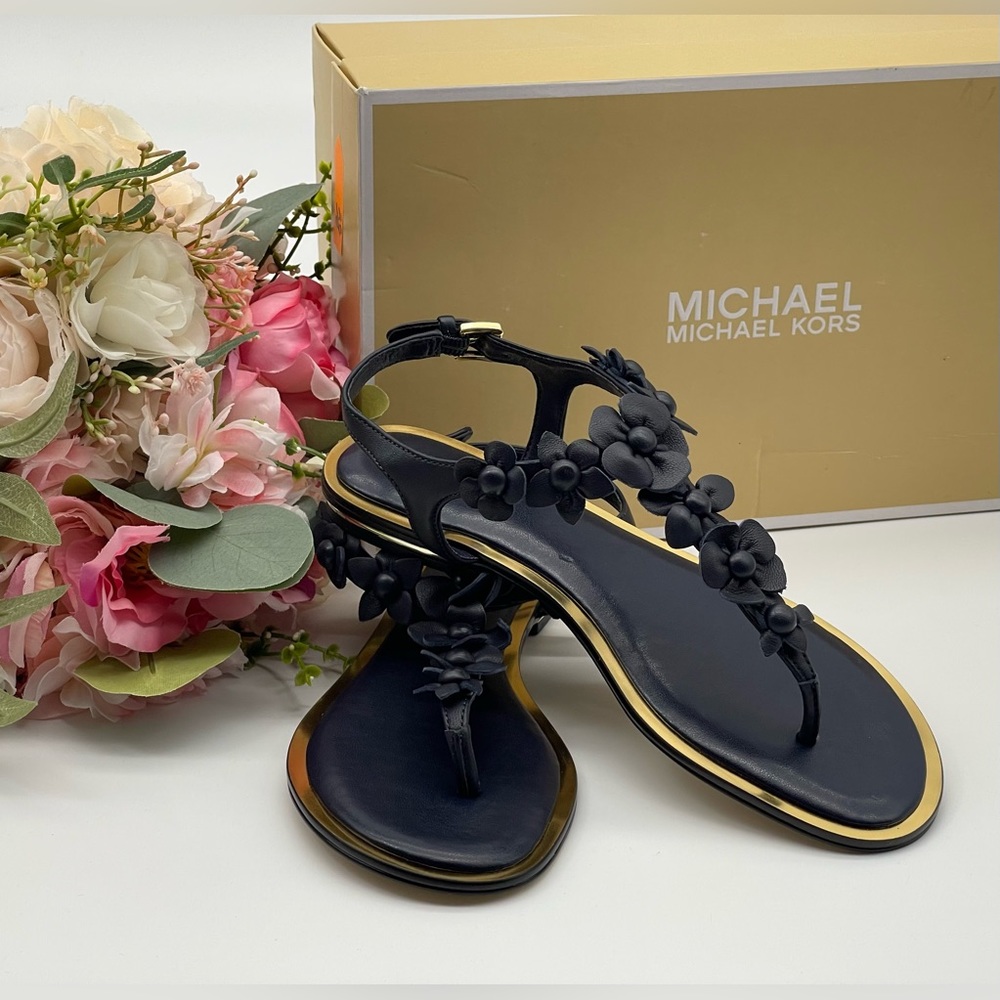 Michael Kors Thong Admiral Blue Leather Sandal Floral Accents - Picture 3 of 16